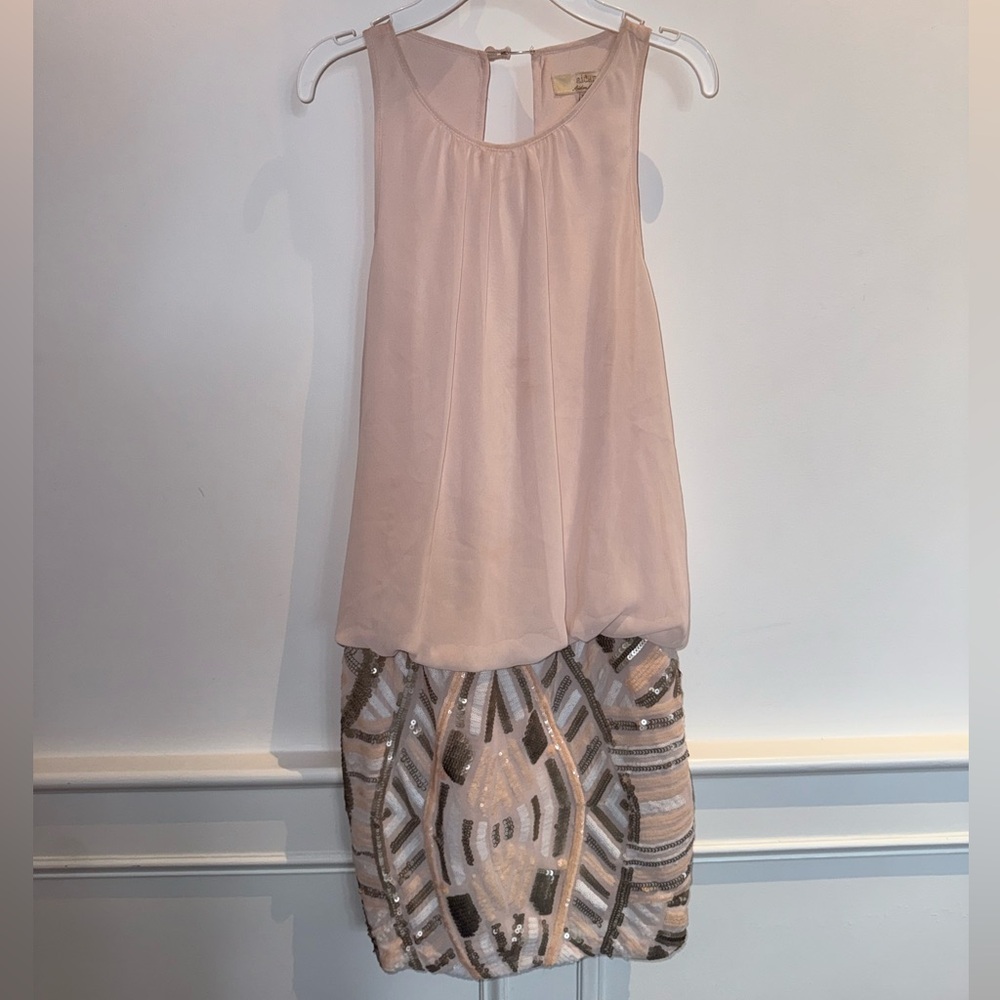 Aidan by Aidan Mattox Blush and Gold Mini Dress